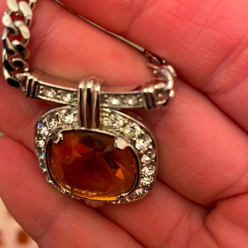 Vintage Monet peach crystal gem rhinestone silver tone necklace - Picture 10 of 11